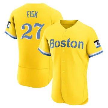 Carlton Fisk Men's Boston Red Sox Authentic Blue 2021 City Connect Jersey - Gold/Light