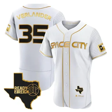 Justin Verlander Men's Houston Astros Authentic 2023 Space City Ready 2 Reign Flex Base Jersey - White/Gold