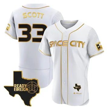 Mike Scott Men's Houston Astros Authentic 2023 Space City Ready 2 Reign Flex Base Jersey - White/Gold